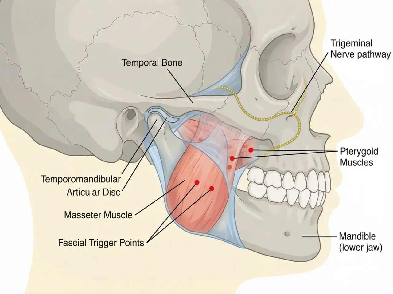 Anatomia stawu skroniowo-żuchwowego z zaznaczonym mięśniem żwacz. Ćwiczenia tego mięśnia mogą pomóc w łagodzeniu napięcia.