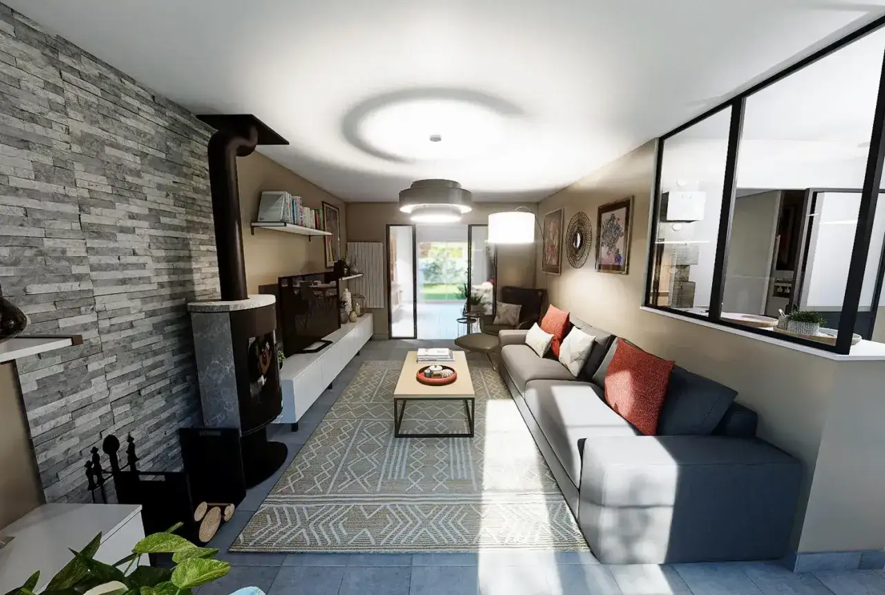 Idéal pour un plan aménagement salon en longueur : canapé d'angle gris, poêle moderne, mur en pierre, table basse et TV.