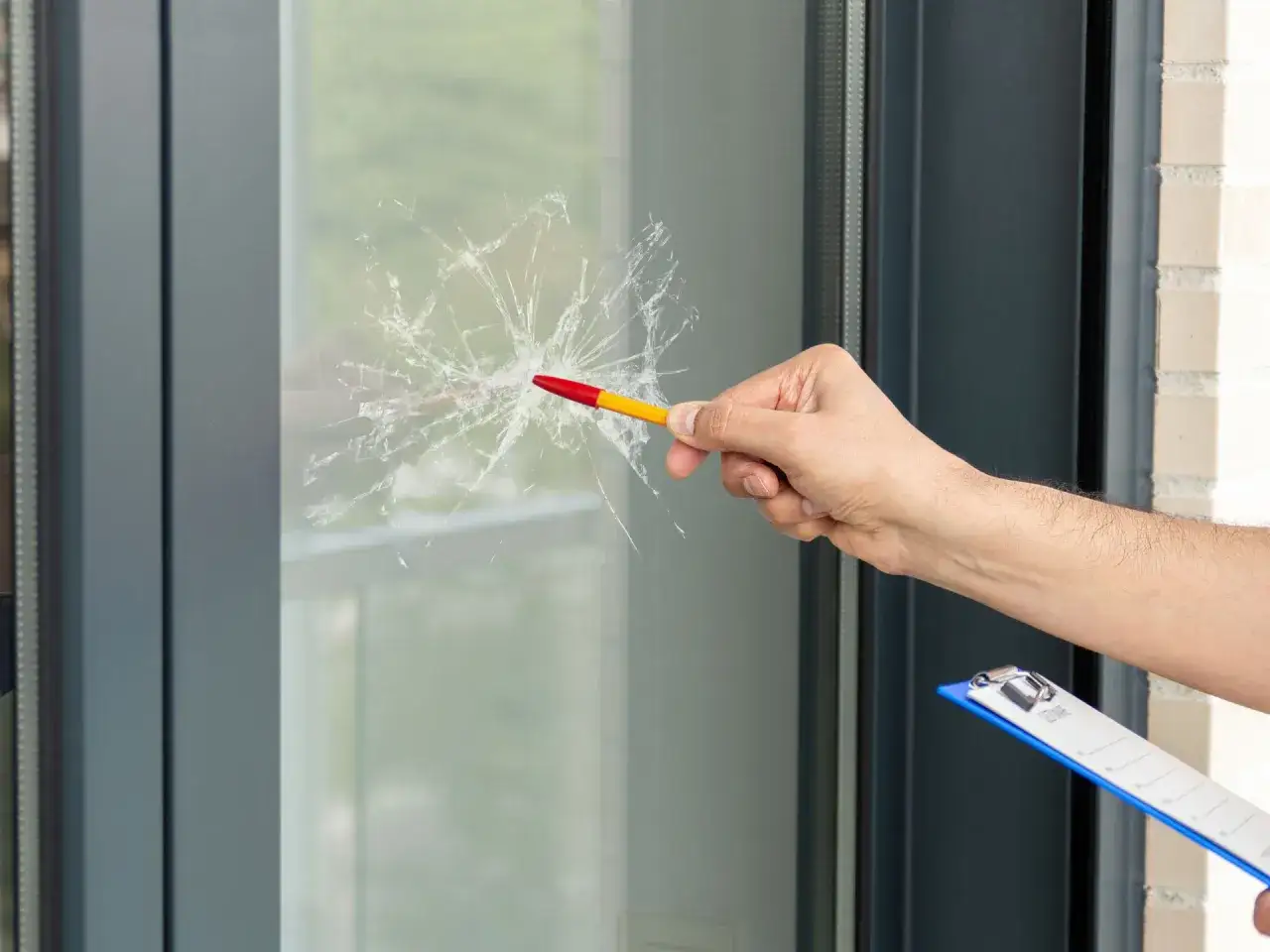 Persona señala grietas en un cristal de ventana con un lápiz, mientras sostiene un portapapeles. Consulta el **precio cambiar cristal ventana**.