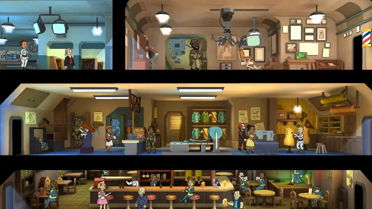 Wnętrze schronu z Fallout Shelter: mieszkańcy pracują, odpoczywają i tworzą.