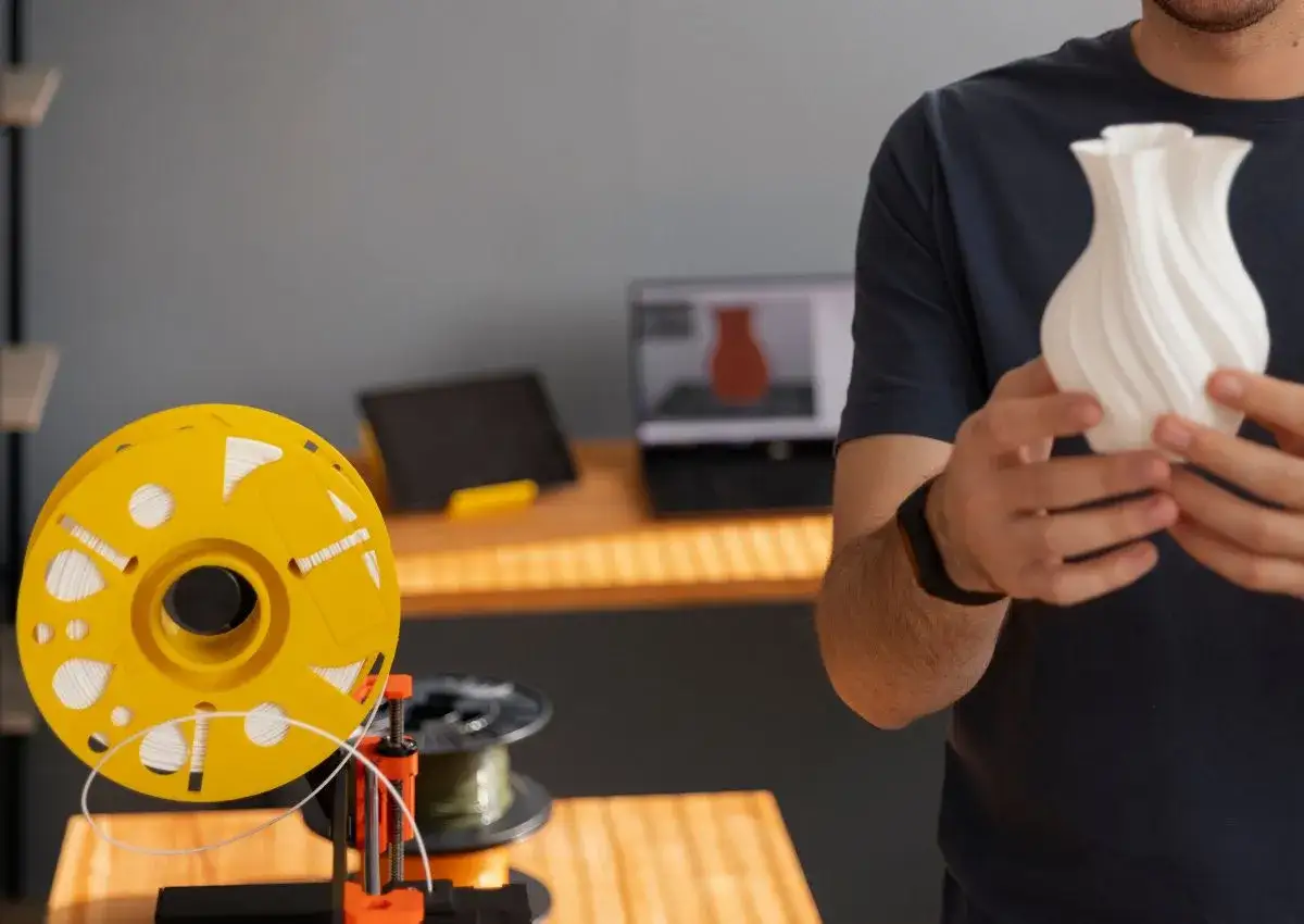 Un hombre sostiene un jarr&oacute;n blanco impreso en 3D. A su lado, un rollo de filamento amarillo, como si fuera un troquel para crear objetos.