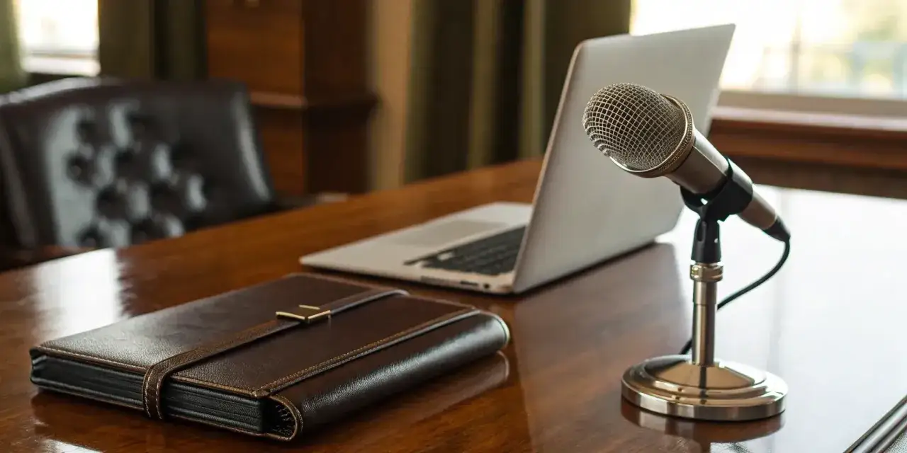 Gotowy do nagrania podcast&oacute;w o marketingu? Na biurku mikrofon, laptop i notatnik czekają na inspiracje.