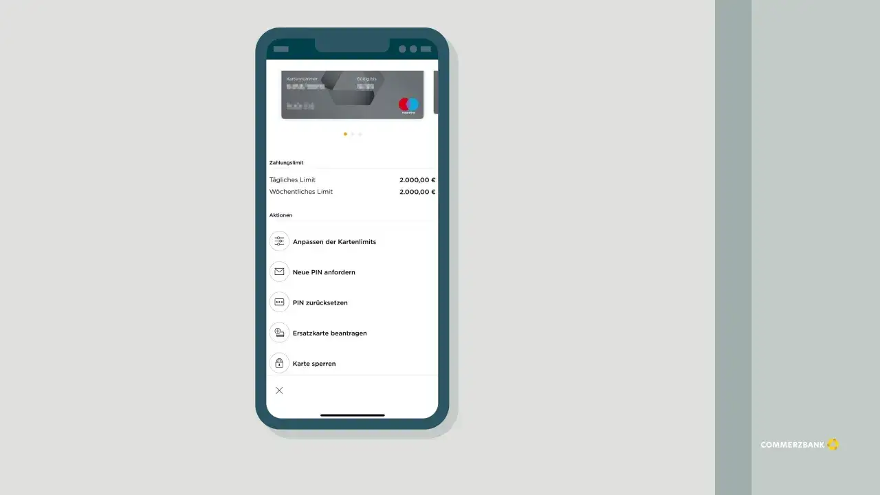 App-Ansicht der Commerzbank mit Kartenlimits und Aktionen wie PIN &auml;ndern. Gute Commerzbank Rezensionen sind wichtig f&uuml;r Nutzer.