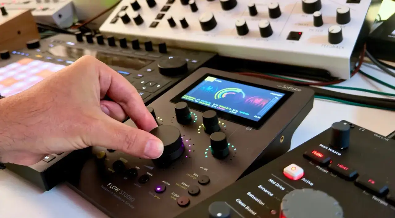 Hand dreht Regler am Softube Flow Studio, um Mastering-Plugin zu optimieren.