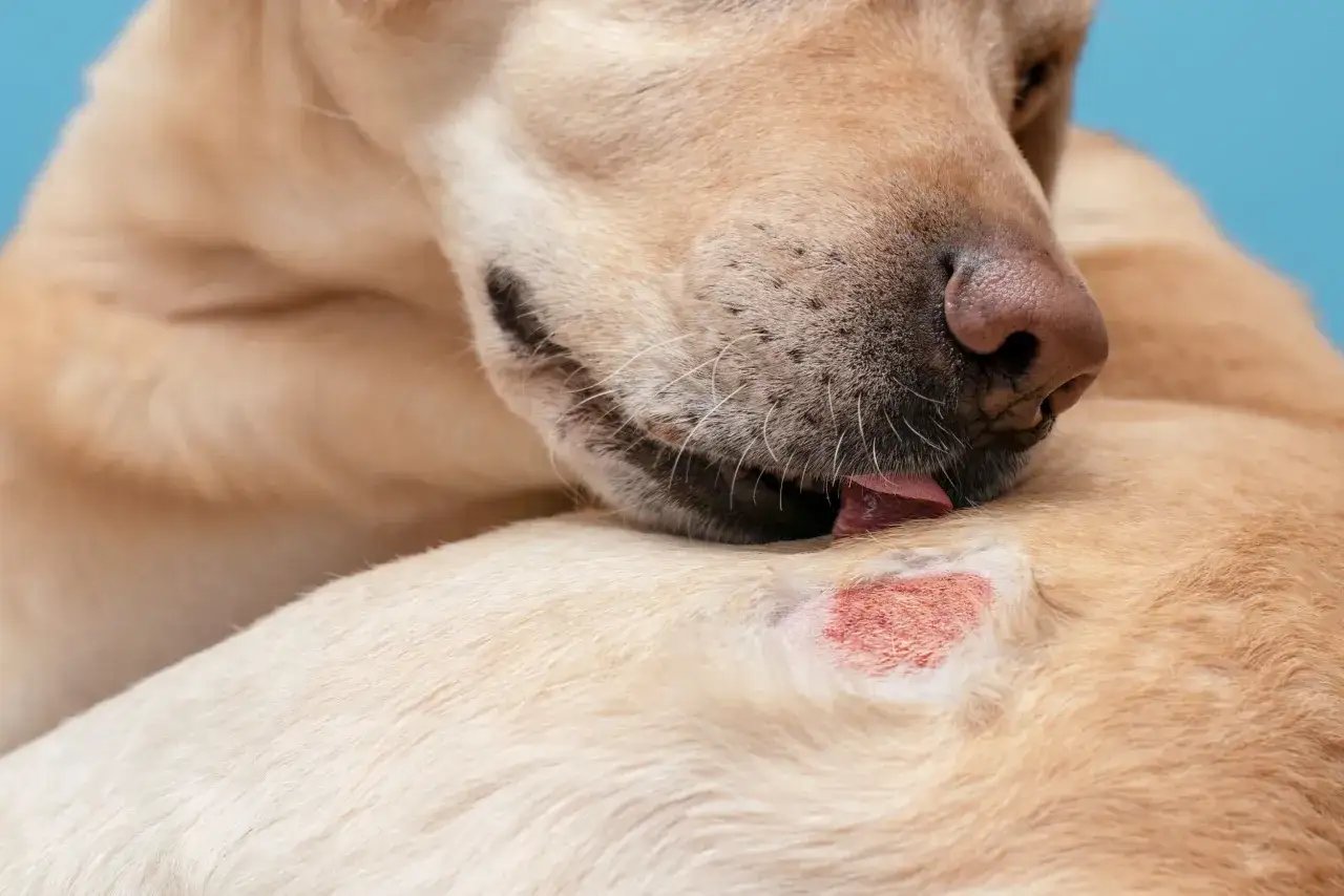 Un cane si gratta una lesione cutanea arrossata. Quando preoccuparsi se il cane si gratta? Potrebbe essere un segno di allergia o infezione.