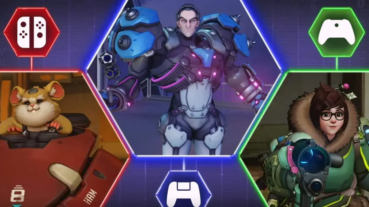Overwatch 2 crossplay łączy graczy z r&oacute;żnych platform. Widoczni bohaterowie: Wrecking Ball, Reinhardt i Mei.