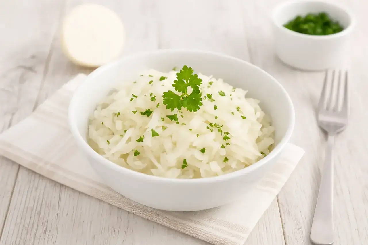 Schüssel mit frisch geriebenem Rettichsalat, garniert mit Petersilie. Ein einfaches Rettichsalat Rezept für eine gesunde Beilage.