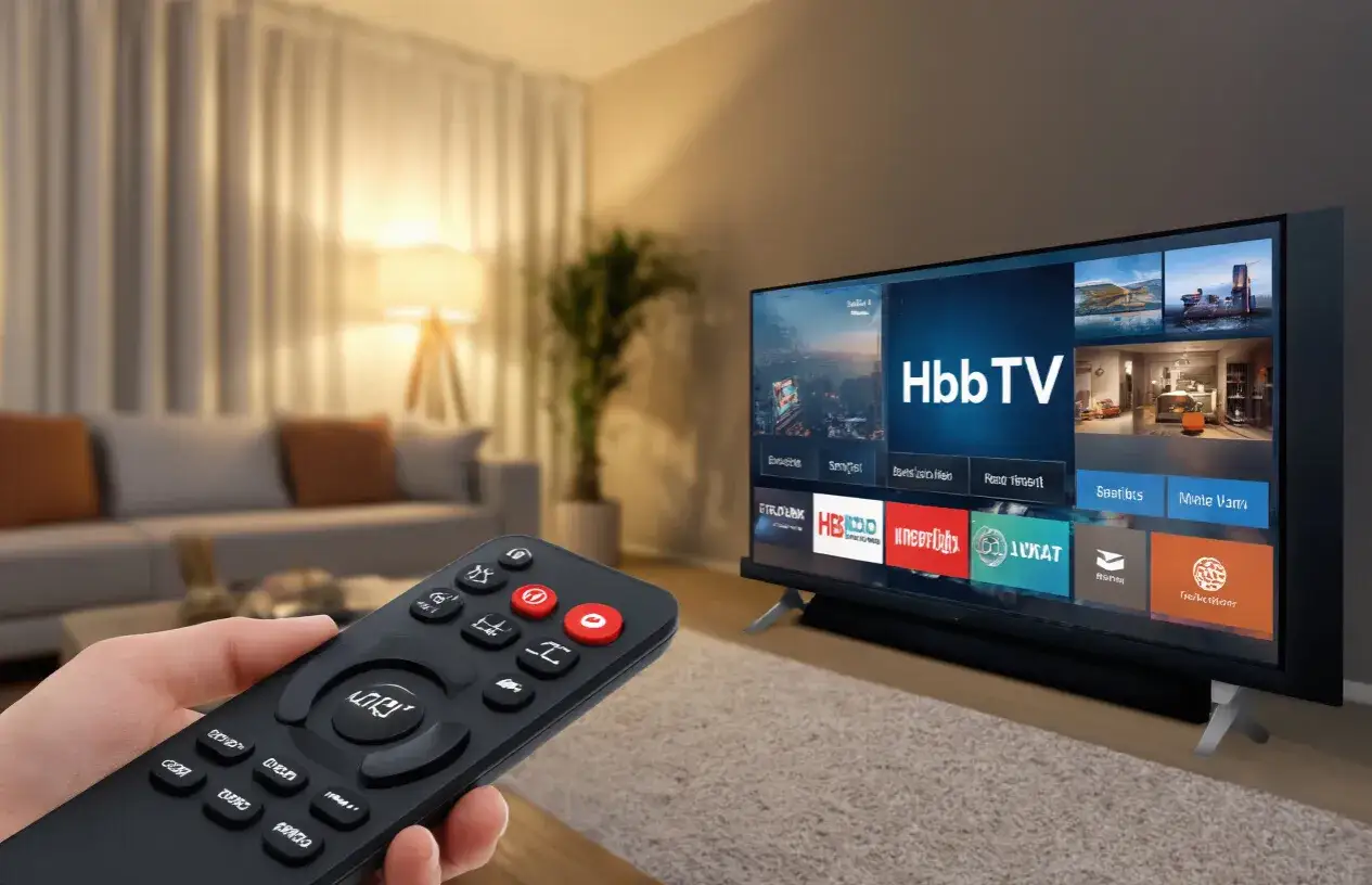 Dłoń trzyma pilota, celując w ekran telewizora z interfejsem HbbTV. W tle salon.