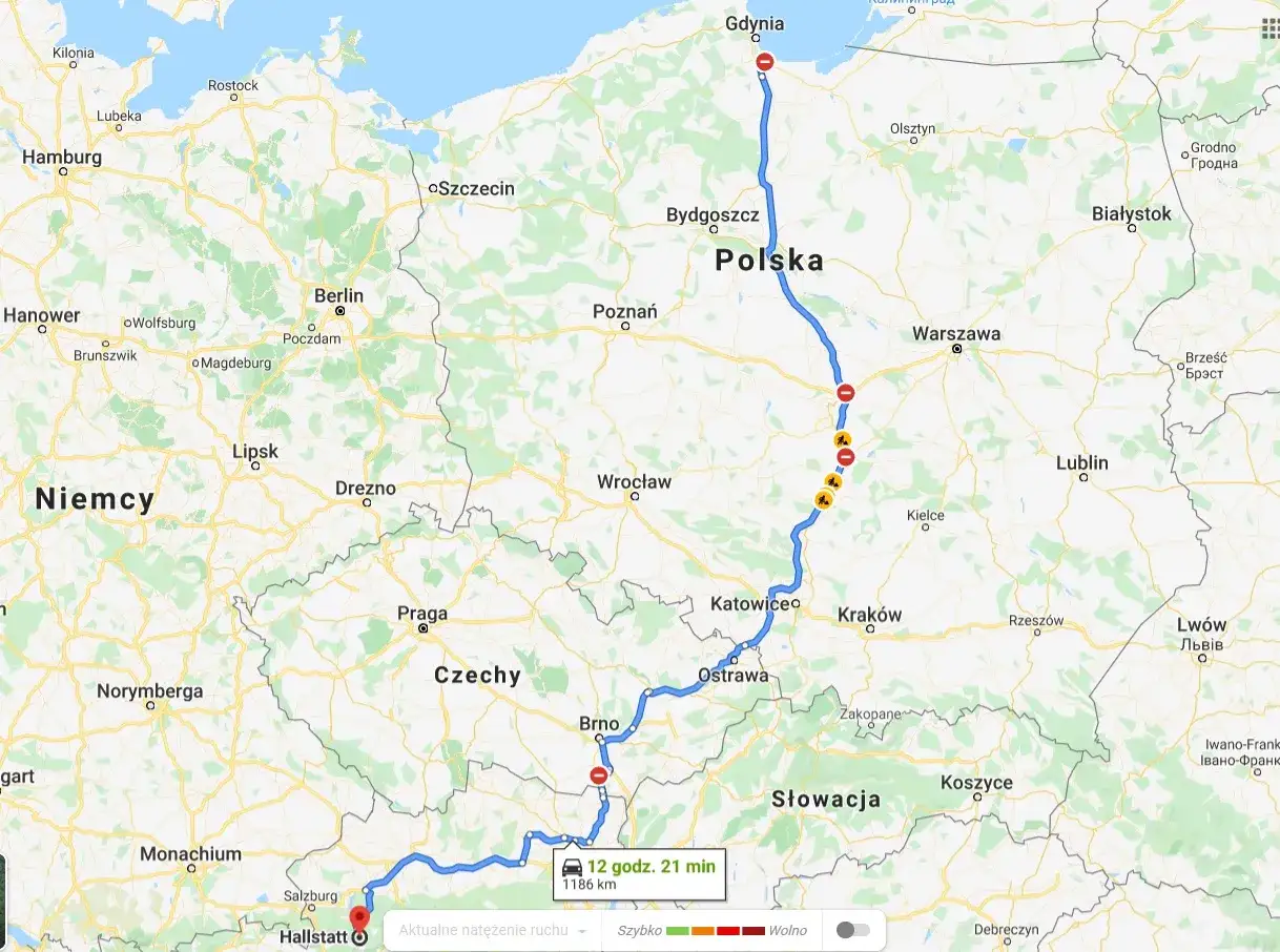 Trasa z Gdyni przez Polskę, Czechy i Słowację do Hallstatt we Włoszech. Długość 1186 km, czas przejazdu 12h 21 min.