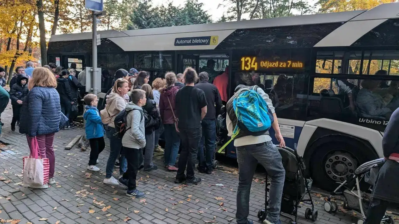 Tłum ludzi czeka na autobus do zoo w Krakowie. Linia 134 odjedzie za 7 minut.