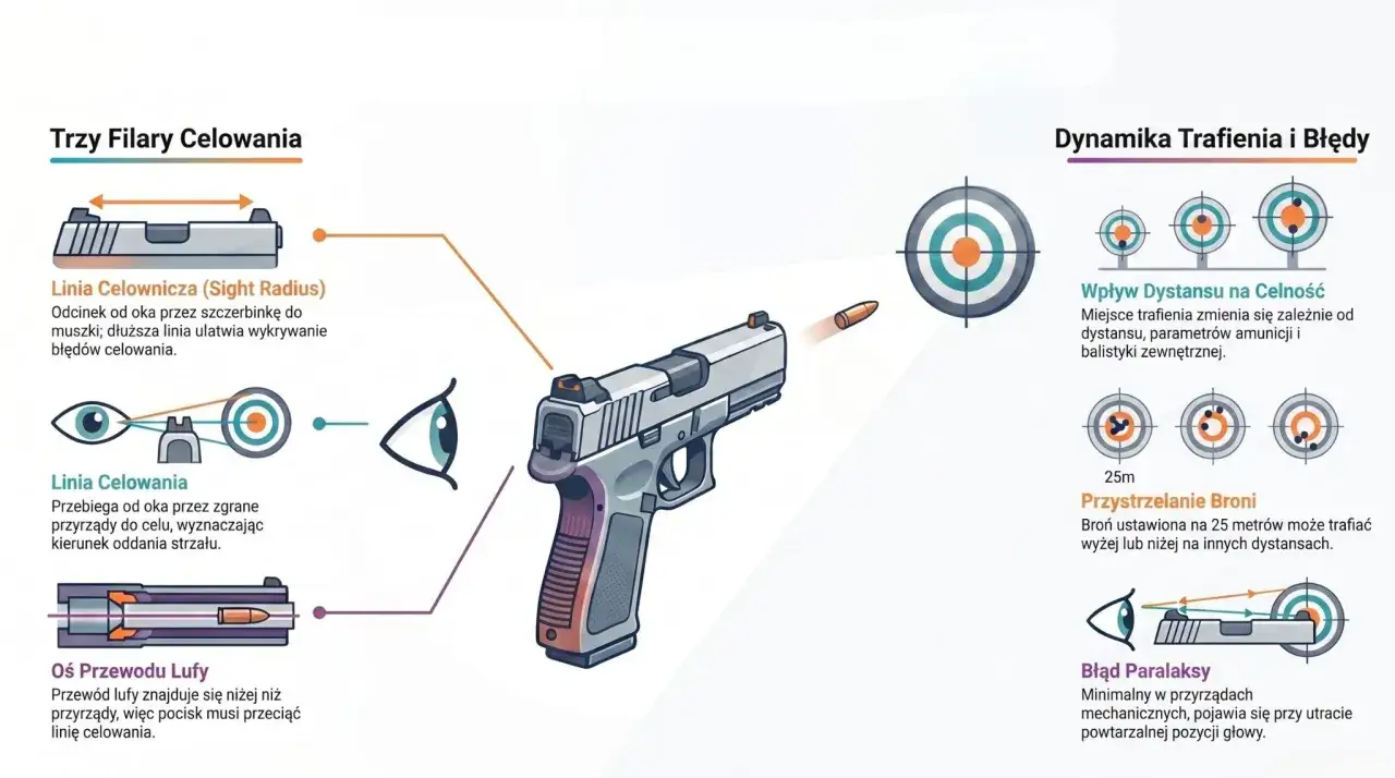 Ilustracja przedstawia pistolet i zasady celowania: linię celowniczą, oś lufy i wpływ dystansu na celność. Przyrządy celownicze są kluczowe.