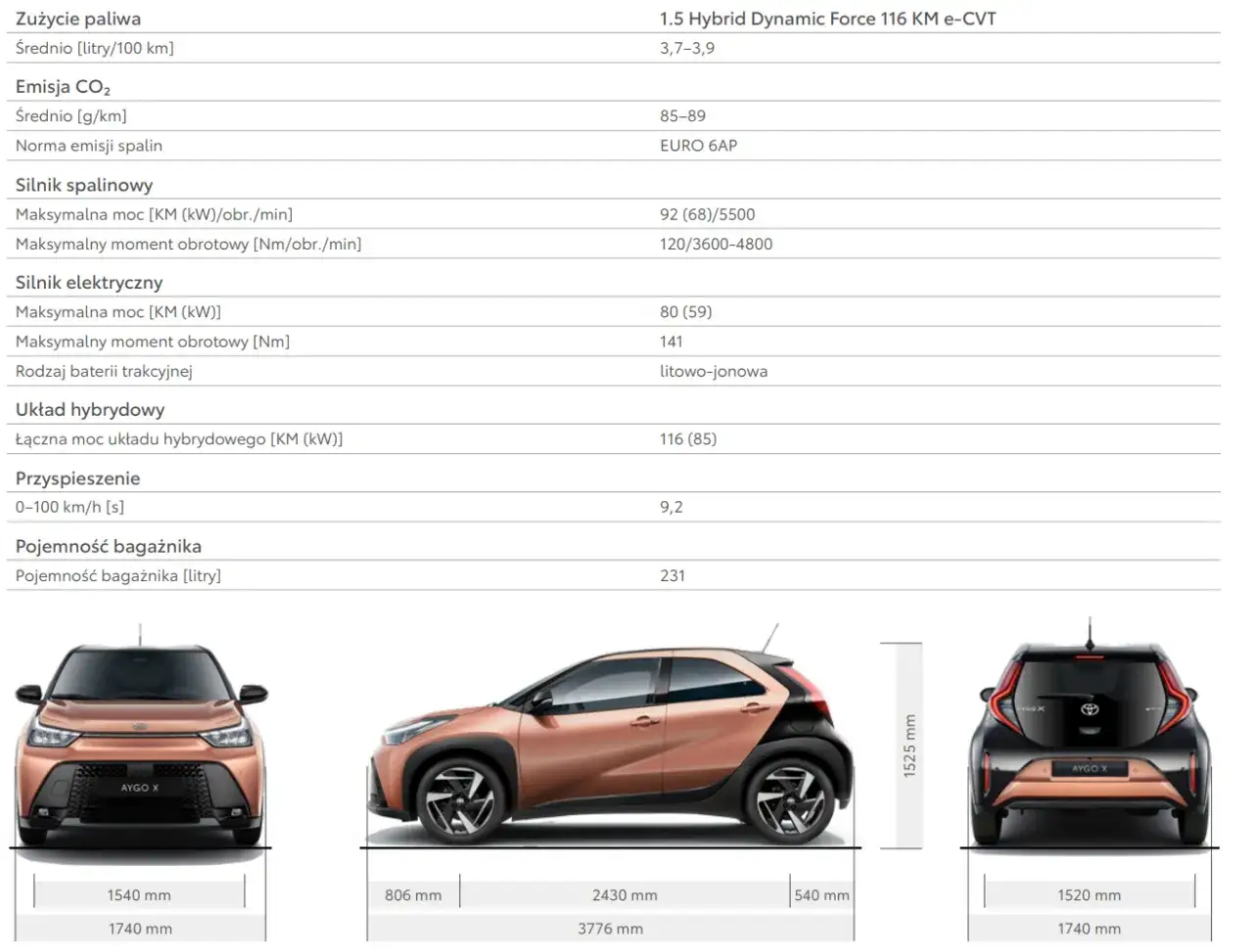 Toyota Aygo X: wymiary 1540 mm szerokości, 3776 mm długości, 1525 mm wysokości. Bagażnik 231 litrów.
