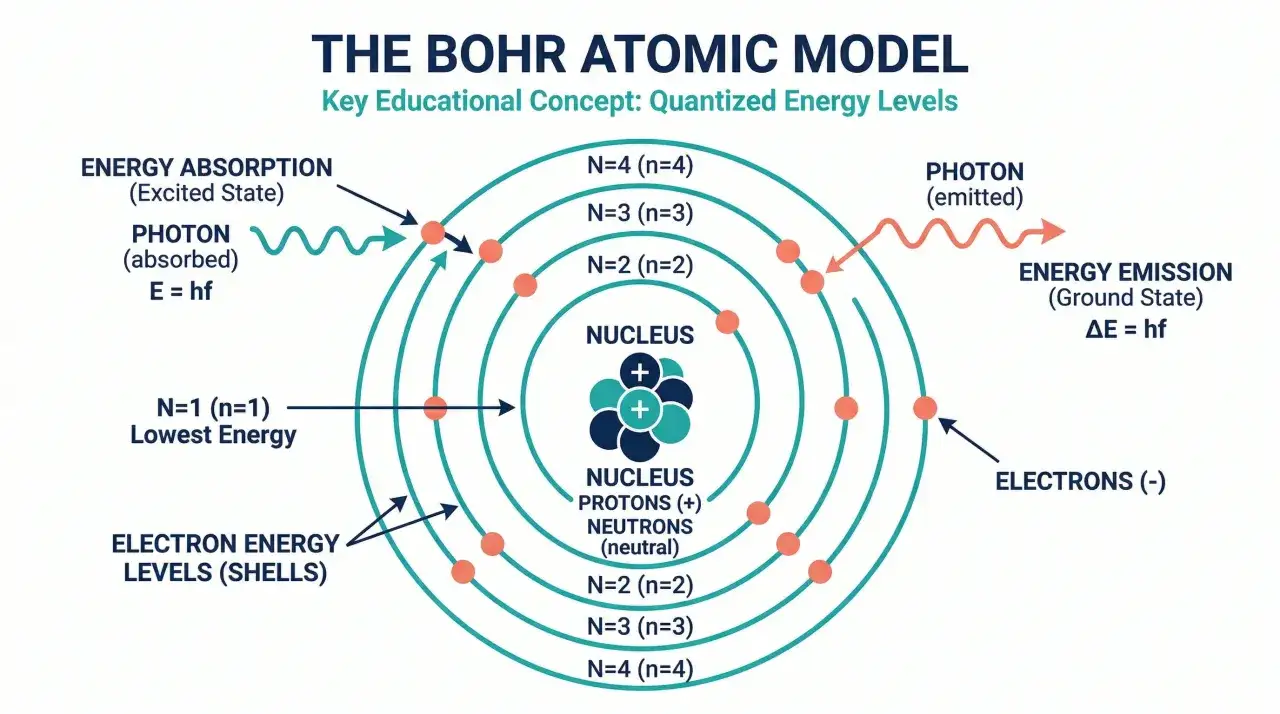 Das bohrsche Atommodell zeigt Elektronen auf quantisierten Energieniveaus um einen Kern. Ein Photon wird absorbiert, um ein Elektron anzuheben, oder emittiert, wenn es fällt.