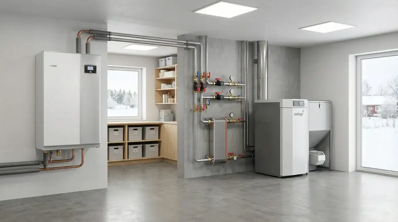 Modern värmesystem för gasuppvärmning av hus, med panna och rördragningar.