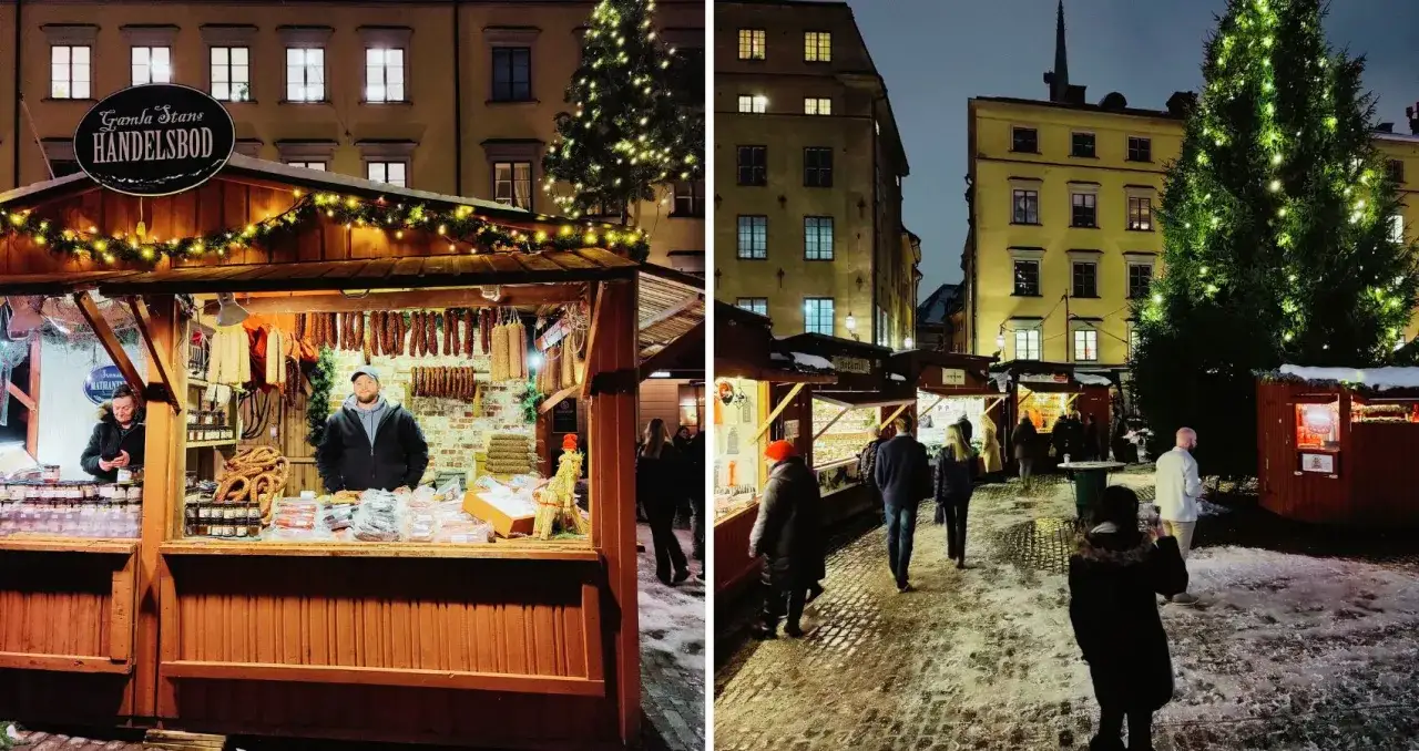 Julmarknad p&aring; Stortorget med sn&ouml; p&aring; marken. St&aring;nd s&auml;ljer korv och andra varor. Folk strosar runt bland julgranar och upplysta hus.