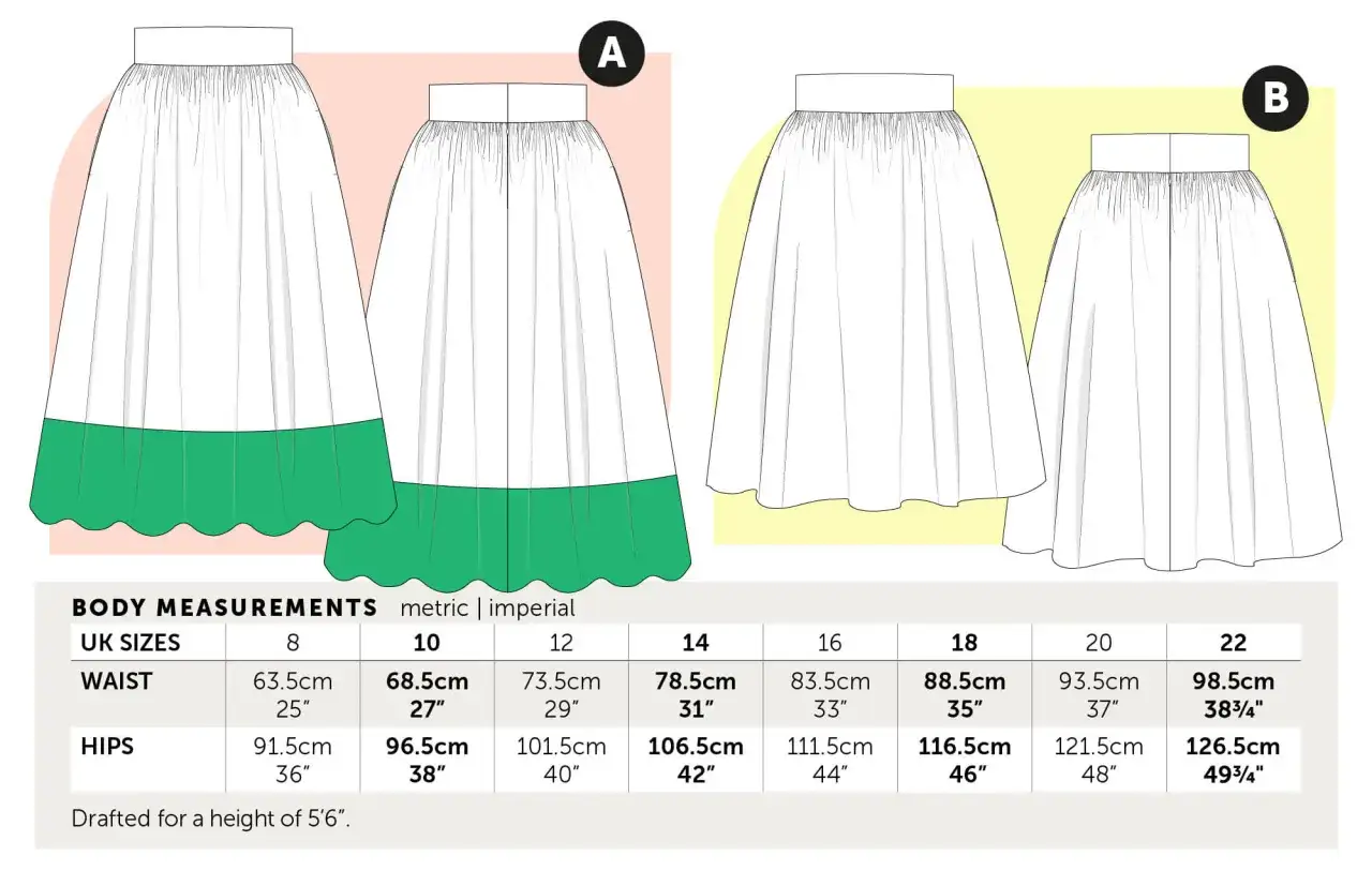 Two skirt designs, A and B, with a green hem on skirt A. A size chart shows measurements for waist and hips.