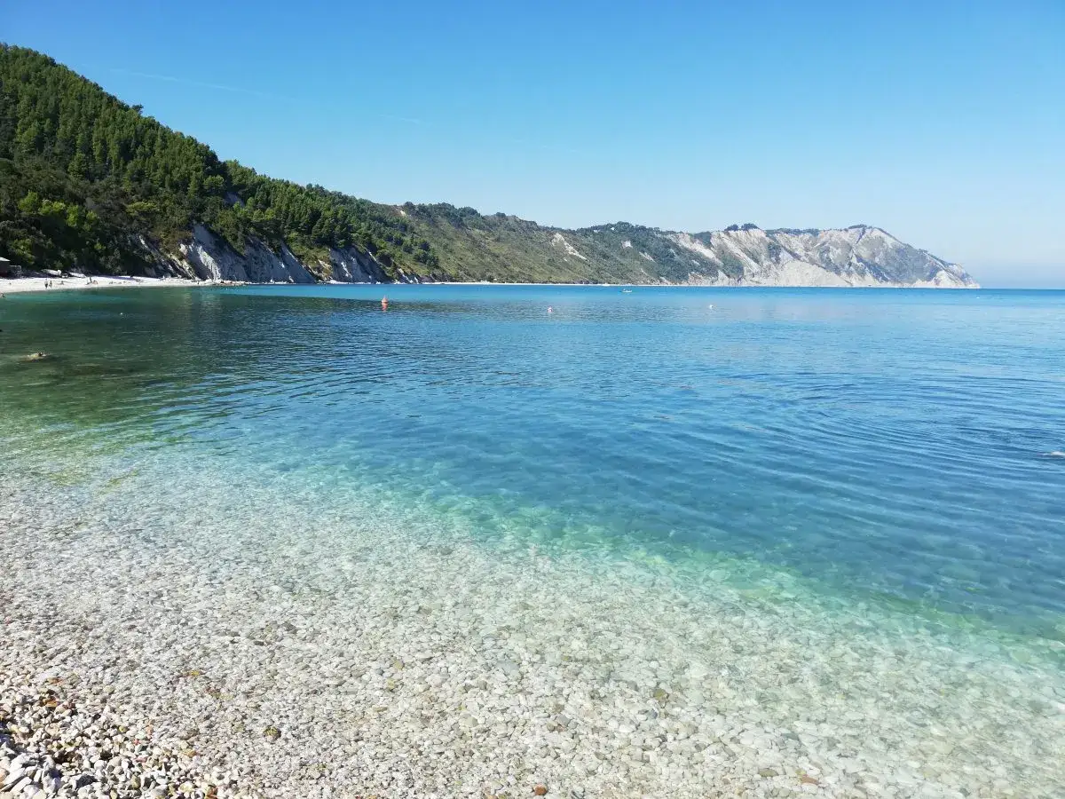 Spiaggia di ciottoli bianchi e mare cristallino ad Ancona. La costa verdeggiante si estende verso le scogliere imponenti.