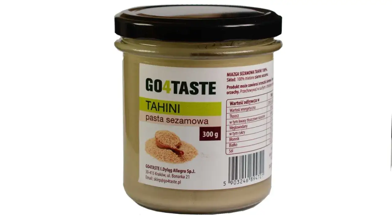 Słoik pasty sezamowej GO4TASTE. Dowiedz się, tahini co to jest – to 100% mielonego ziarna sezamu. Idealne do hummusu i sosów.