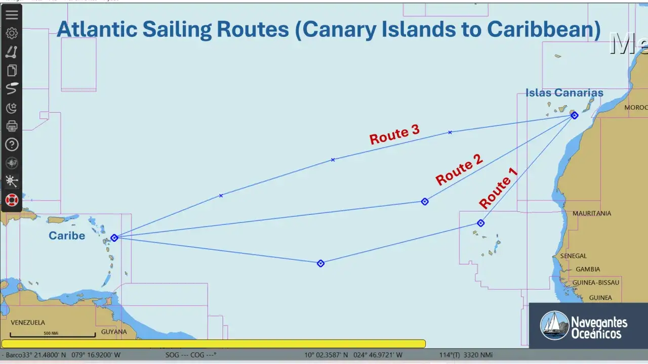 Carte des routes de navigation entre les Canaries et les Cara&iuml;bes. La dur&eacute;e de la travers&eacute;e de l'Atlantique en bateau varie selon l'itin&eacute;raire choisi.