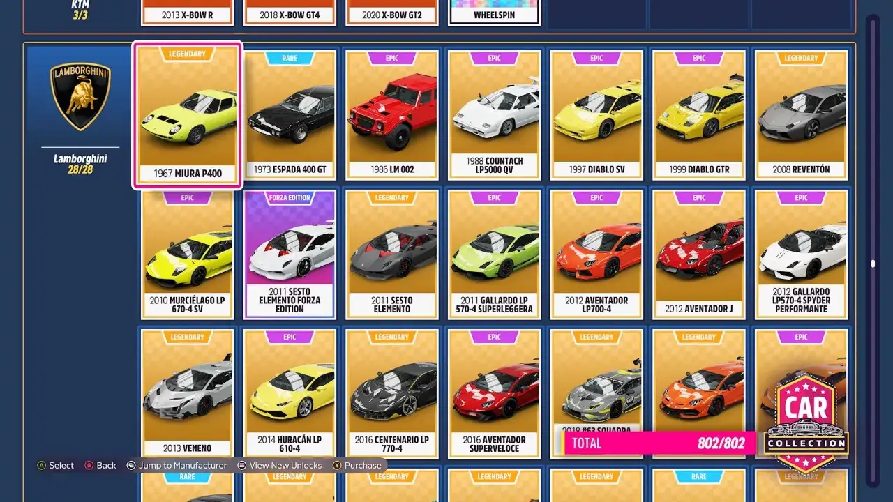 Kolekcja aut Lamborghini w Forza Horizon 5: od klasycznej Miury po nowoczesne Aventadory.