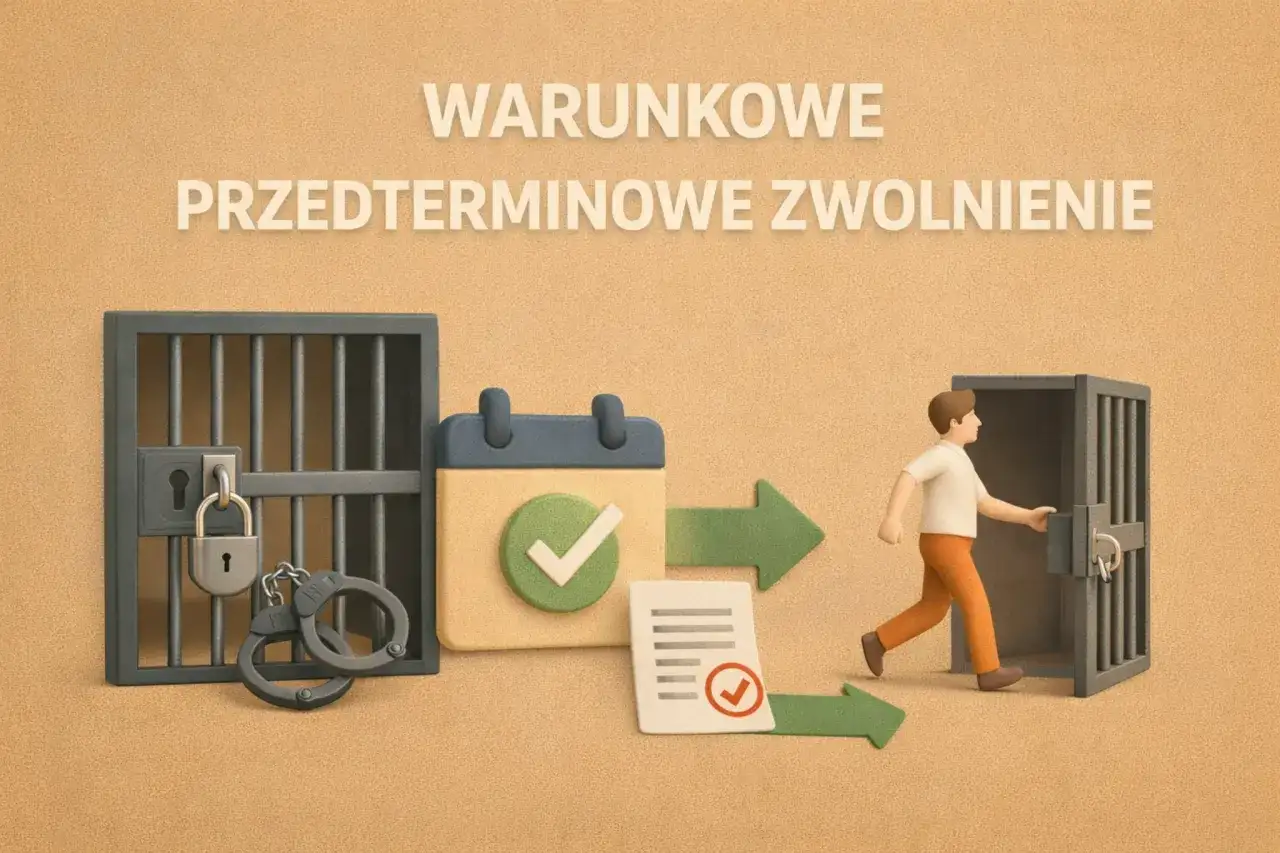Symboliczne wyjście z więzienia dzięki wyjściu za dobre sprawowanie. Kary, dokumenty i kalendarz wskazują na proces.
