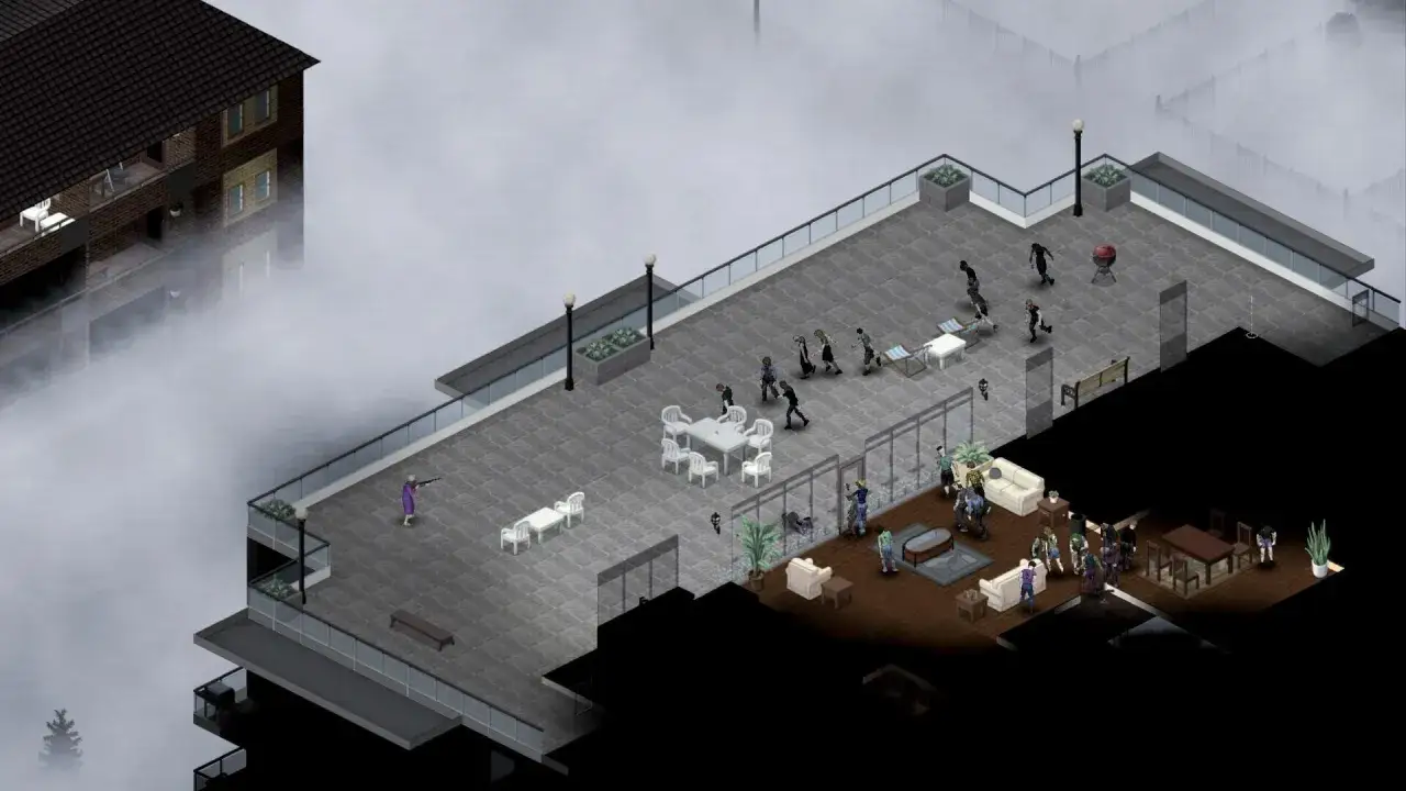 Eneba Project Zomboid: grupa ocalałych na dachu, otoczona mgłą, walczy z zombie.