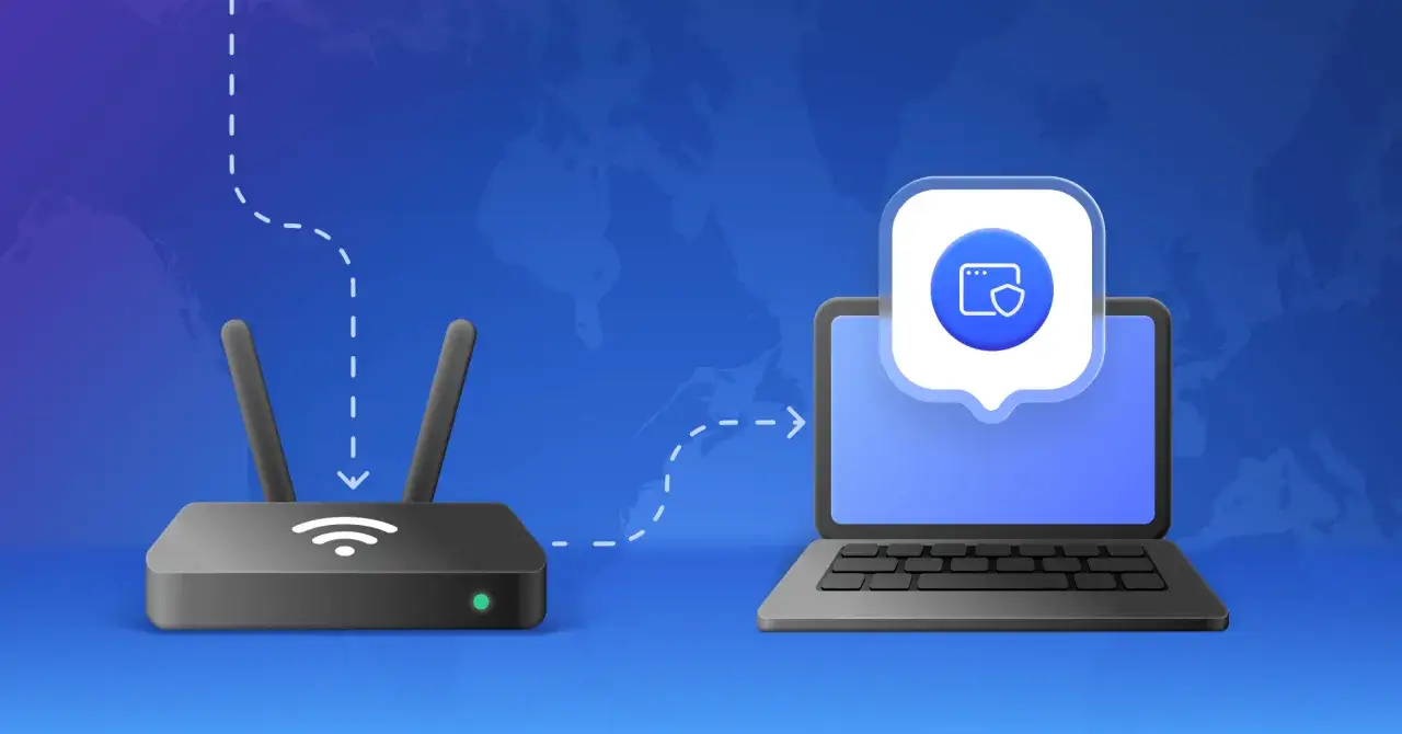 Router i laptop połączone linią przerywaną. Ikona tarczy na laptopie symbolizuje bezpieczeństwo, co może być związane z pytaniem: upnp co to.