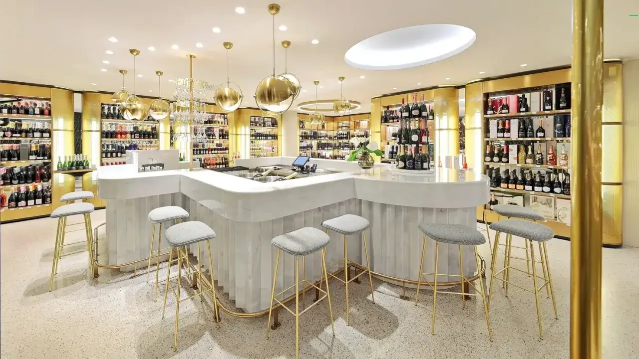 Elegante Bar mit wei&szlig;en Marmortheke und goldenen Hockern im KaDeWe Berlin, umgeben von Regalen voller Champagnerflaschen.