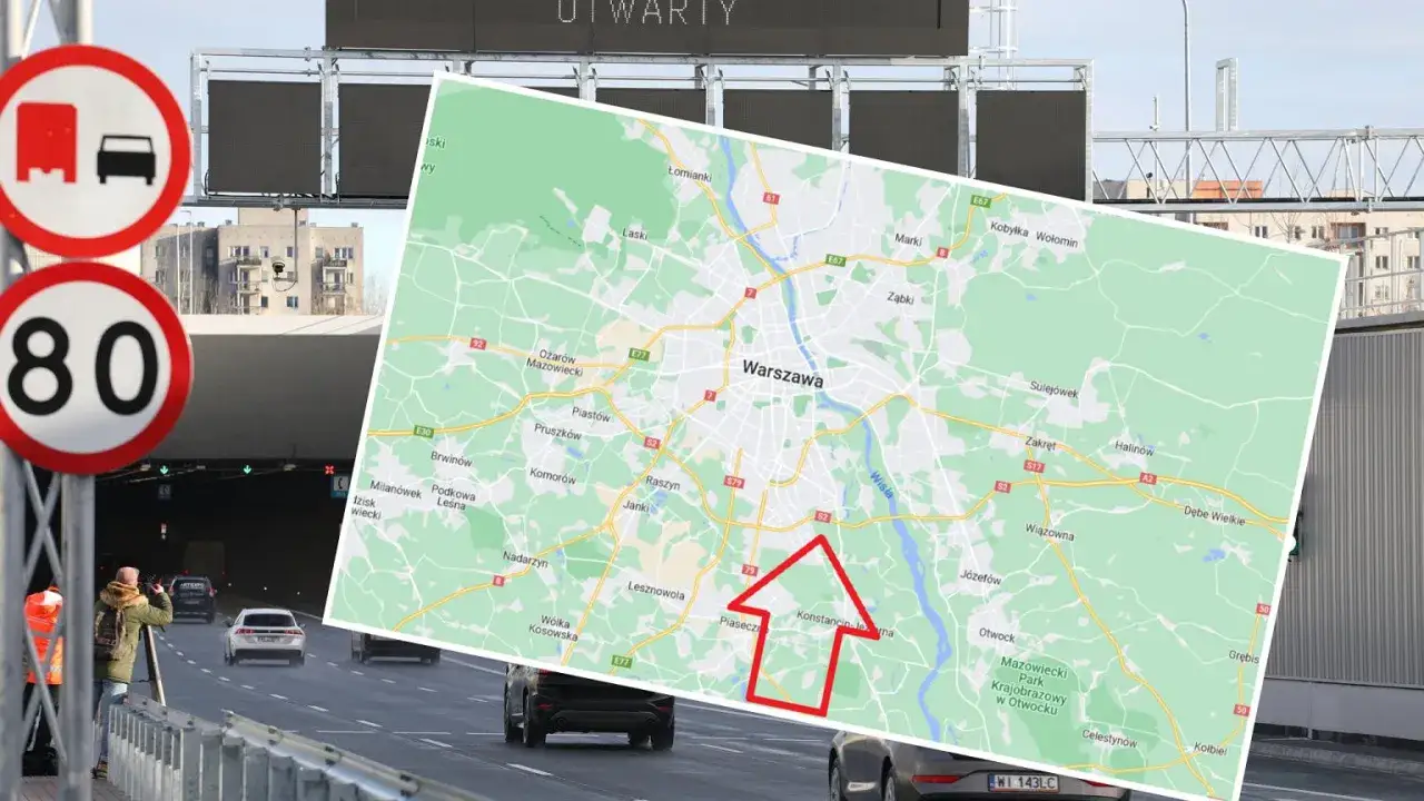 Znak 80 km/h i mapa okolic Warszawy, sugerujące odcinkowy pomiar prędkości w Warszawie.