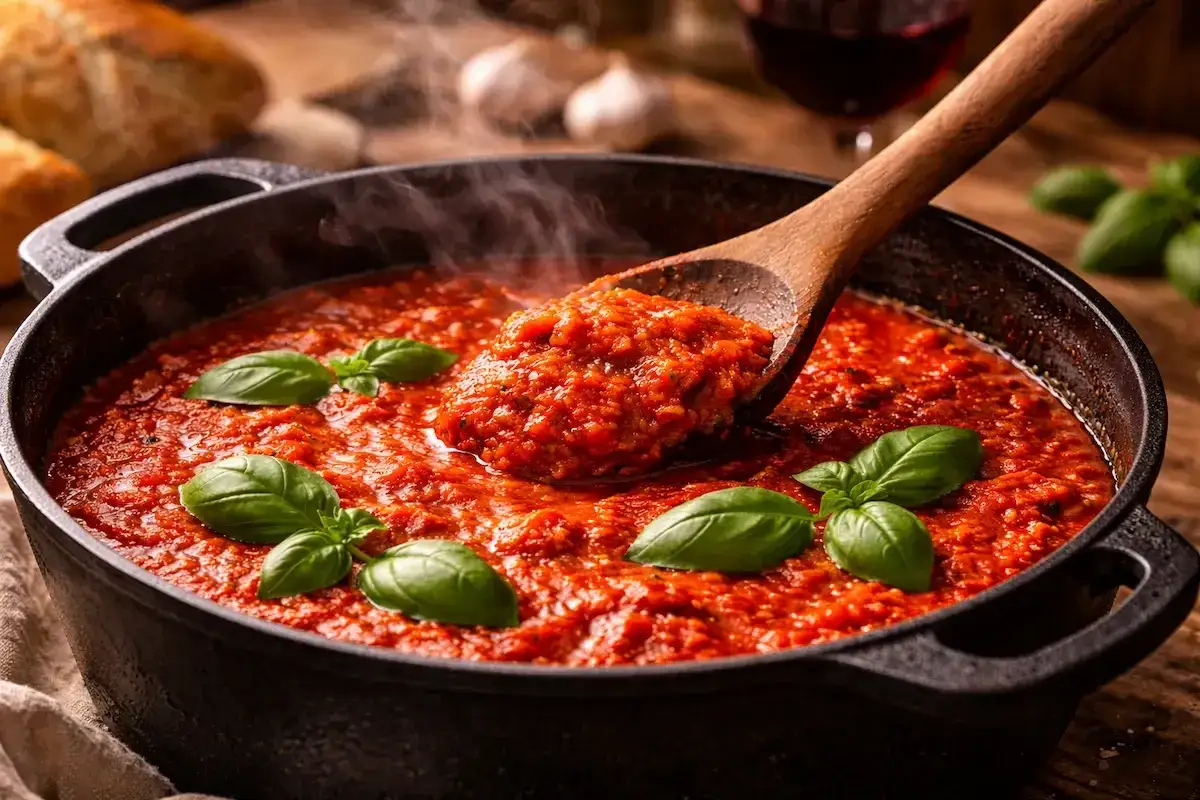 Une cuill&egrave;re en bois pr&eacute;l&egrave;ve une portion g&eacute;n&eacute;reuse de sauce tomate maison fumante, garnie de feuilles de basilic frais.