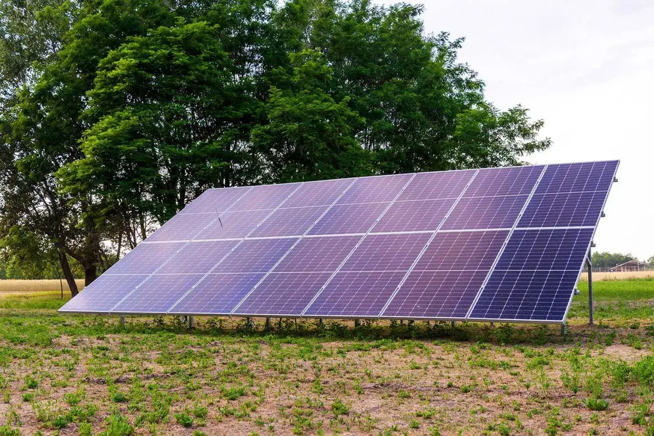 Duży panel fotowoltaika na gruncie, otoczony zielenią i drzewami, czerpie energię ze słońca.