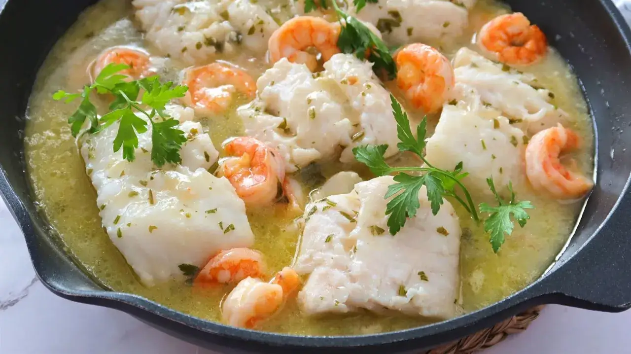 Deliciosa merluza con gambas en una salsa dorada, adornada con perejil fresco. Un plato que invita a saborear el mar.