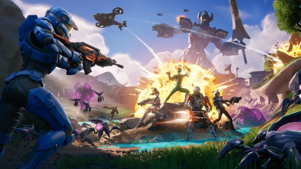 Batalla épica en la **temporada 4 Fortnite**: personajes luchan contra robots gigantes y criaturas alienígenas en un paisaje explosivo.