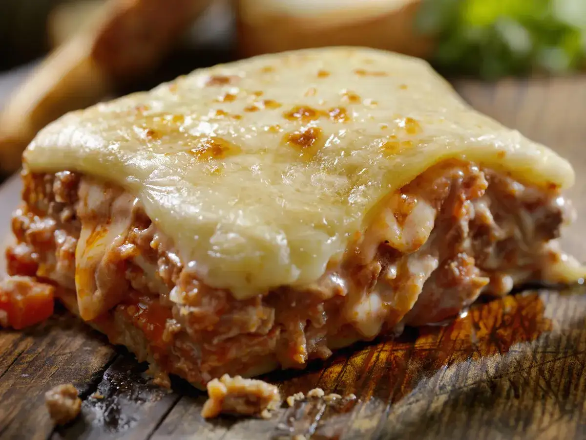 Ein St&uuml;ck Lasagne al forno mit geschmolzenem K&auml;se, das auf einem Holzbrett serviert wird. Die Schichten aus Nudeln, Hackfleischsauce und K&auml;se sind deutlich sichtbar.