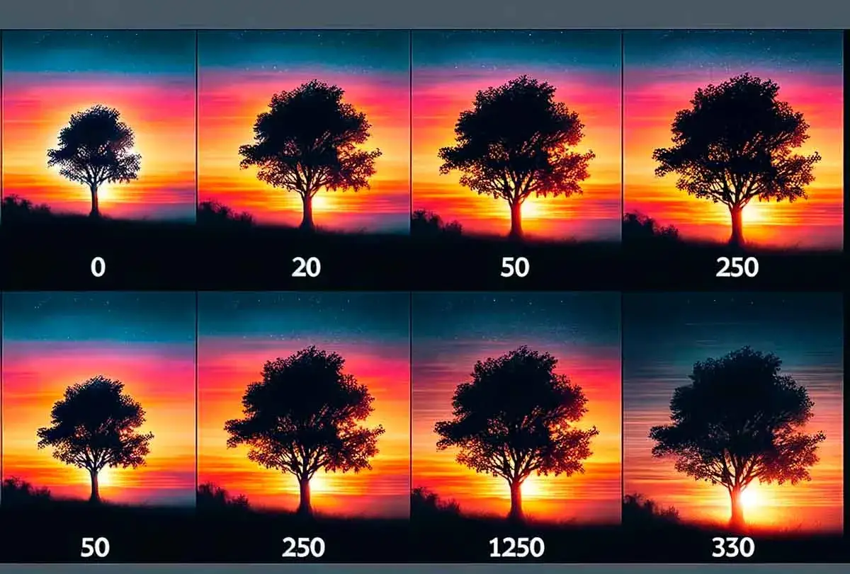 Ocho im&aacute;genes de un &aacute;rbol solitario al atardecer, cada una con un n&uacute;mero diferente debajo, mostrando la **trama impresi&oacute;n** de la luz.