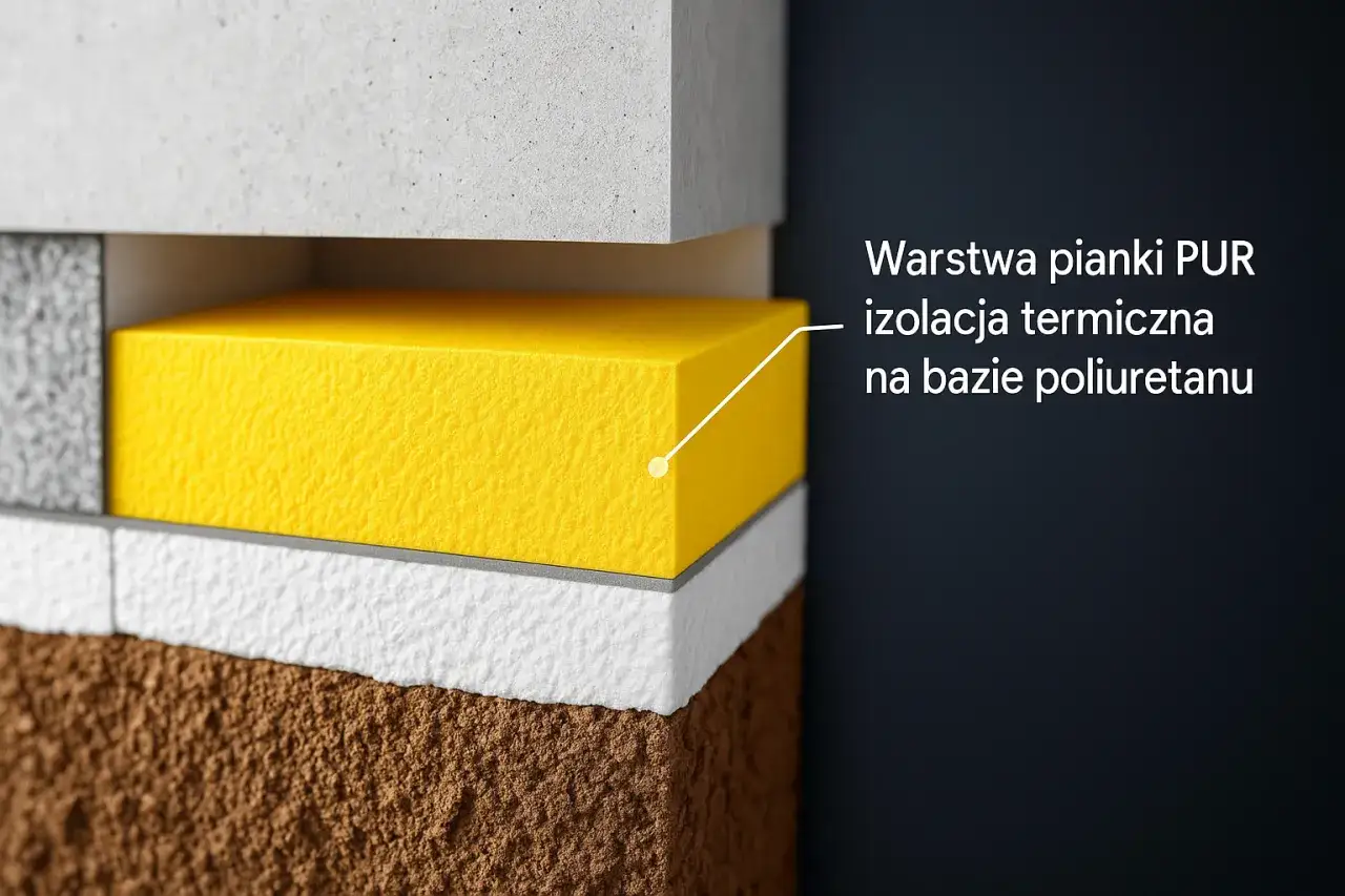 Warstwa izolacji termicznej z twardej pianki poliuretanowej, umieszczona między betonem a warstwą izolacyjną.