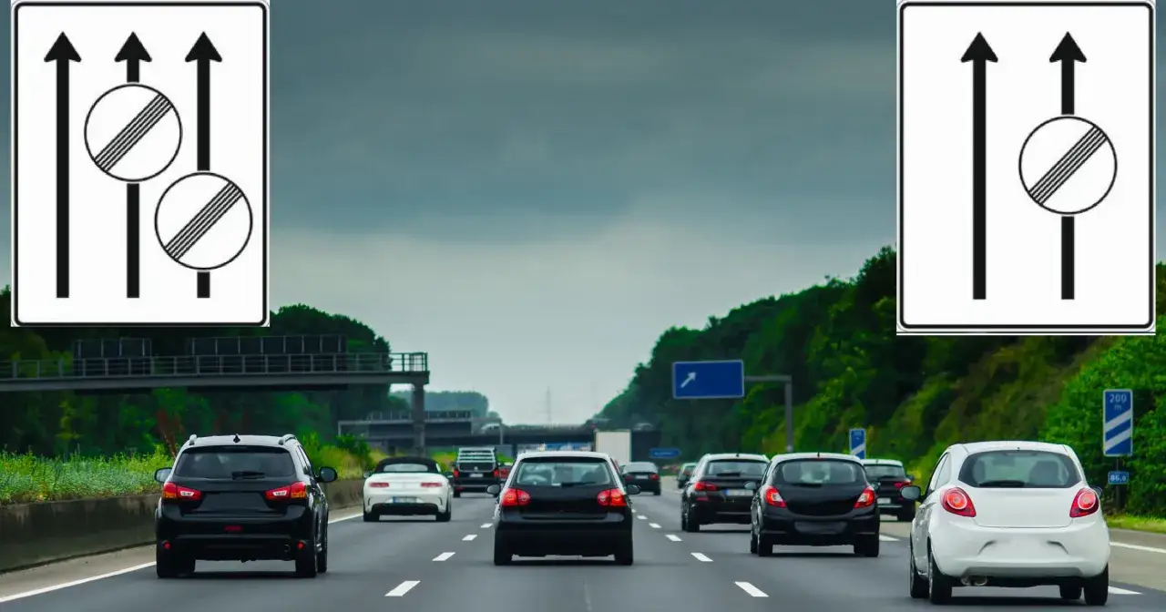 Ruch na autostradach w Niemczech. Znaki drogowe wskazują koniec pasa ruchu.