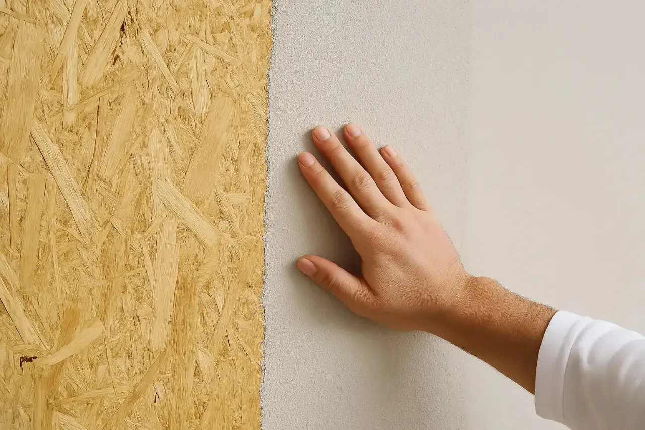 Hand prüft die Oberfläche nach dem Rollputz auftragen. Links grobe Holzspanplatte, rechts fein verputzte Wand.