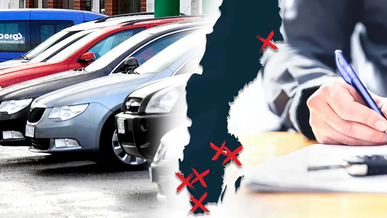Bilar på en parkering och en karta över Sverige med röda kryss. Kanske en varning för svarta listan bilhandlare.