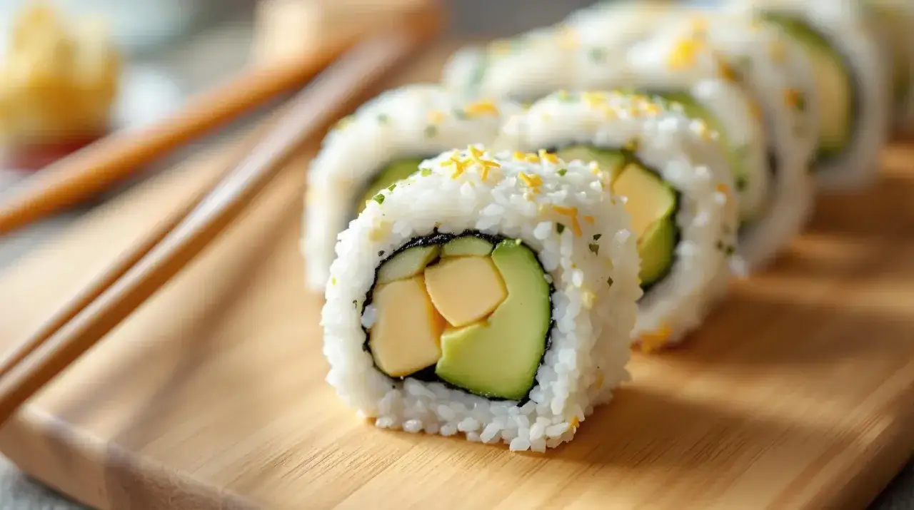 Rolka sushi z awokado i mango na desce, obok pałeczek. Zastanawiasz się, ile kalorii ma sushi?