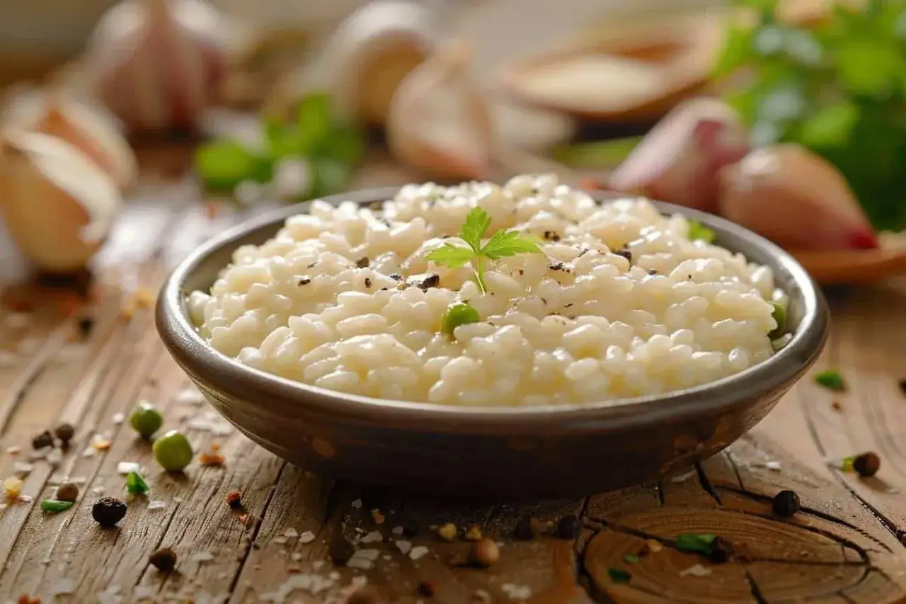 Un bol de risotto cr&eacute;meux, garni de persil et de poivre, sur une table en bois. On peut r&eacute;chauffer un risotto pour un repas rapide et savoureux.