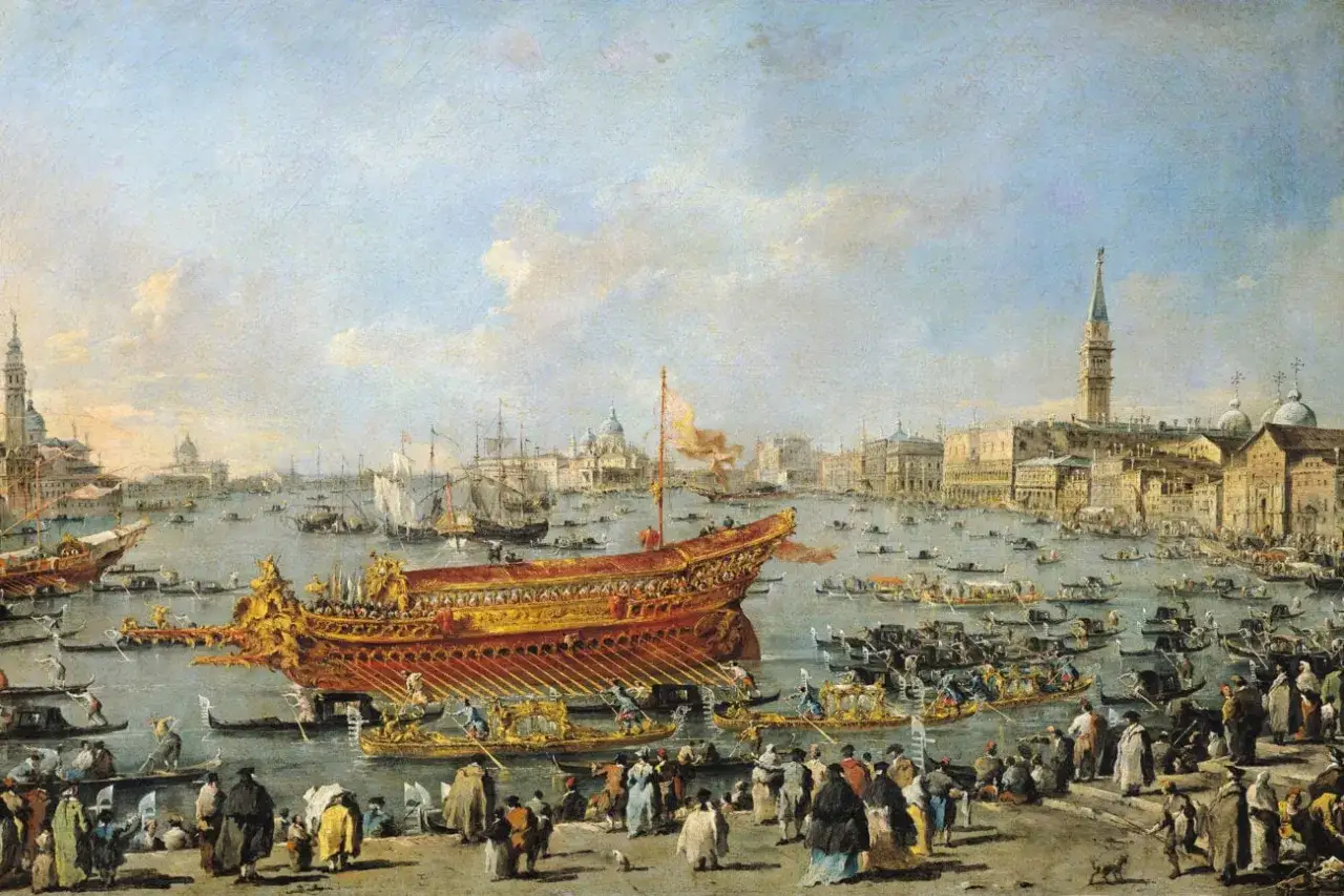 Sc&egrave;ne anim&eacute;e de Venise, une c&eacute;l&egrave;bre peinture, avec un grand navire dor&eacute; au premier plan, entour&eacute; de gondoles et de bateaux, sous un ciel nuageux.