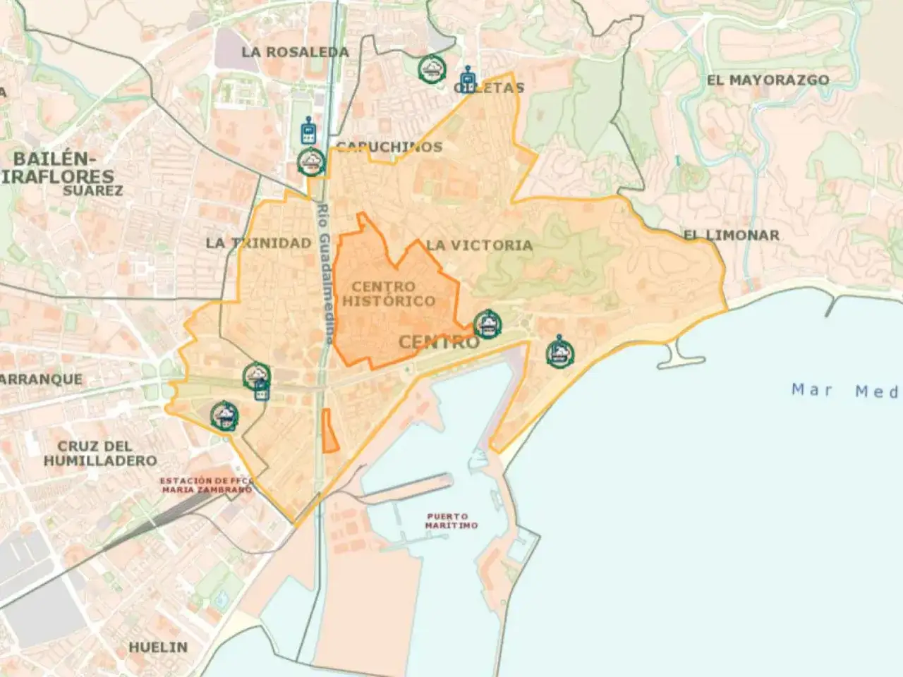 Mapa de la zona de bajas emisiones Málaga, delimitando el centro histórico y otras áreas.