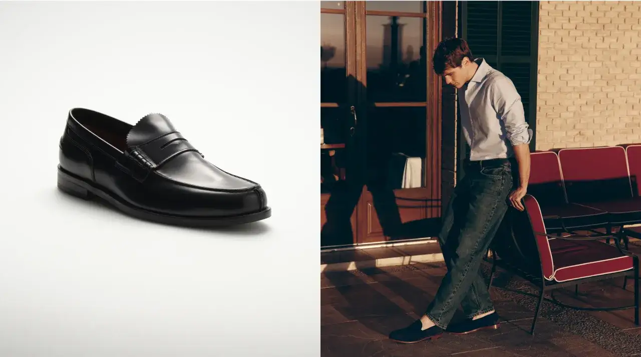 Scarpa nera lucida e uomo con camicia azzurra e jeans, un look elegante chic dress code uomo.