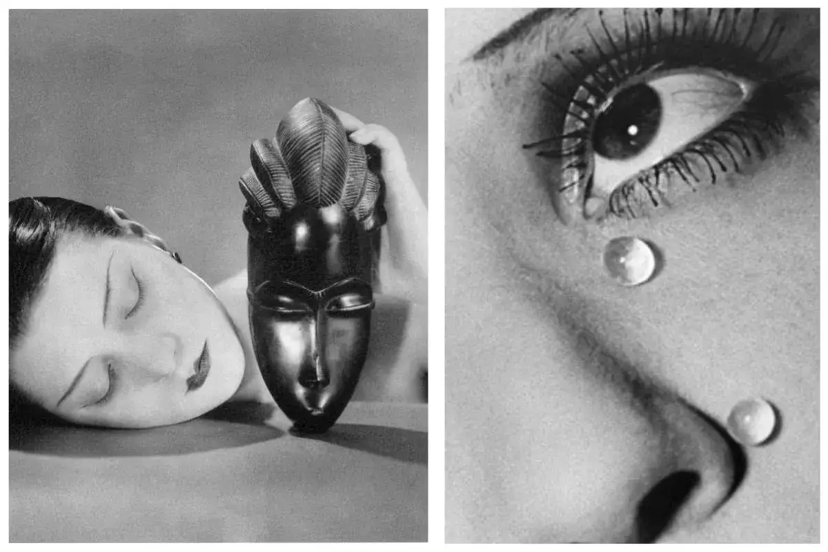 Foto Man Ray: volto femminile con maschera africana e gocce di pianto sull'occhio.