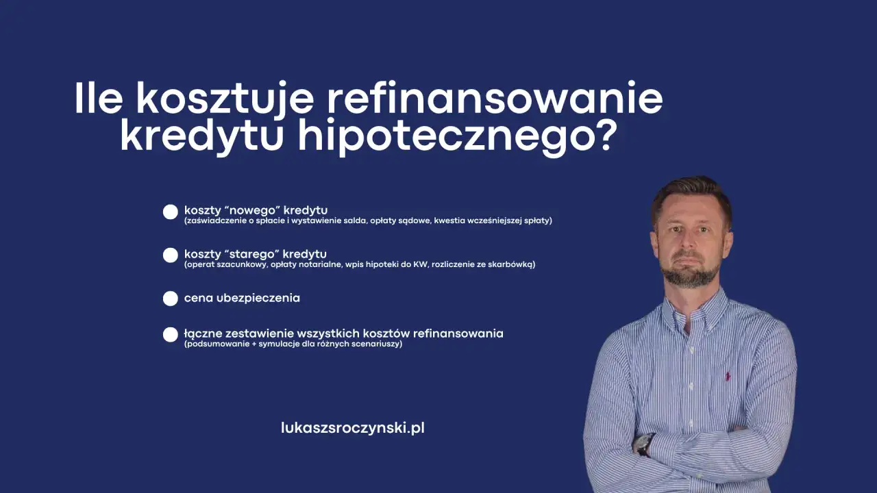 Mężczyzna z zarostem w koszuli omawia koszty przeniesienia kredytu hipotecznego, w tym koszty nowego i starego kredytu, ubezpieczenia i symulacje.