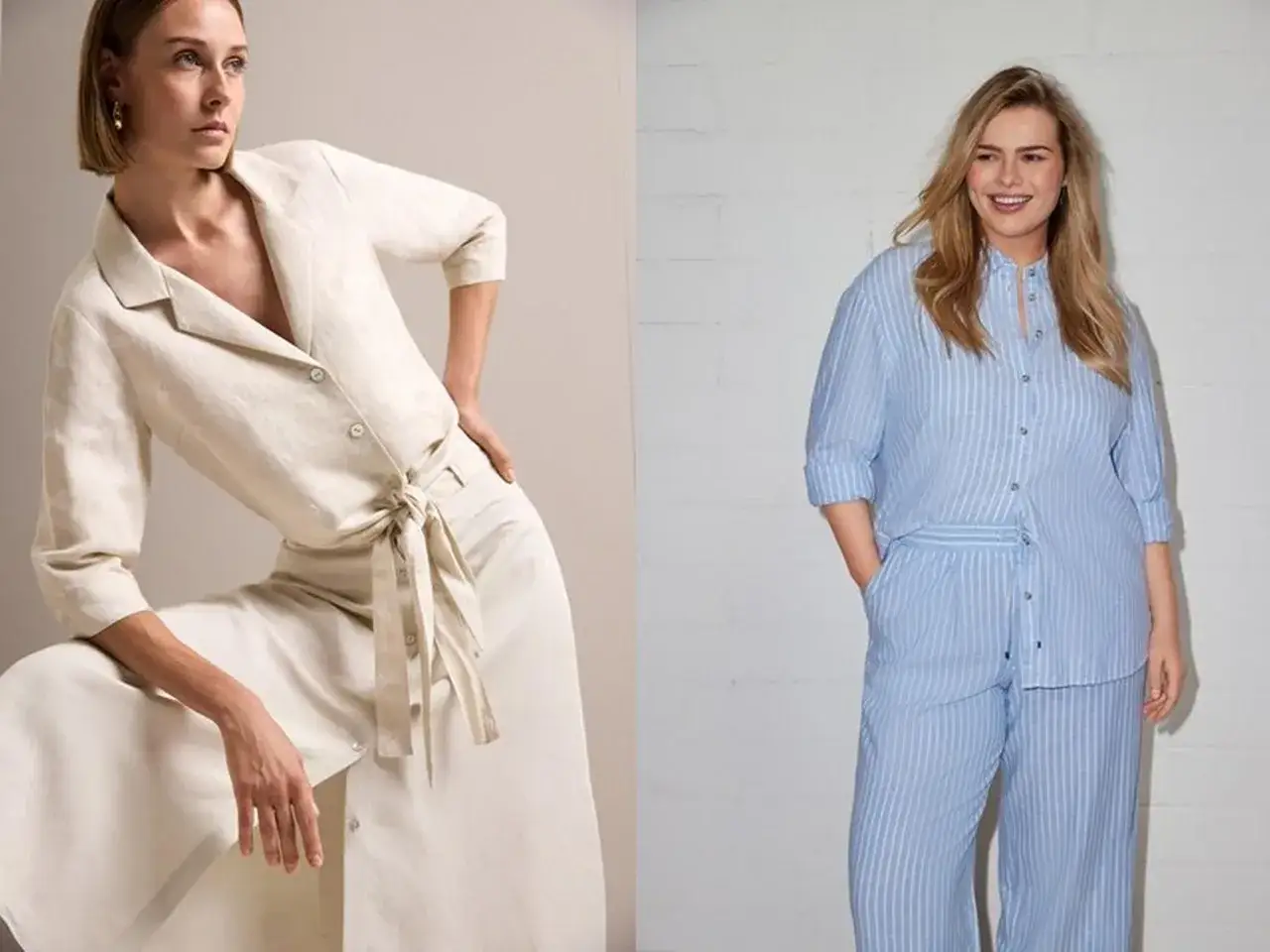 Zwei Frauen in leichten Leinen-Outfits für den Sommer. Eine trägt ein cremefarbenes Set, die andere ein blau-weiß gestreiftes Ensemble.