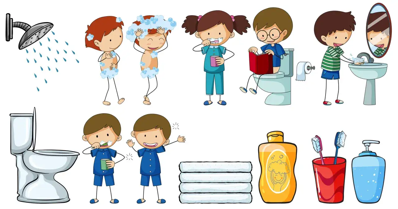Ilustraciones de niños en sus rutinas de higiene: duchándose, lavándose los dientes, usando el inodoro y lavándose las manos.