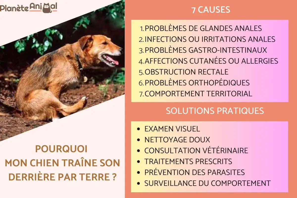 Chien traînant son arrière-train : causes (irritation anus chien) et solutions naturelles. Image d'un chien assis, liste de causes et solutions.