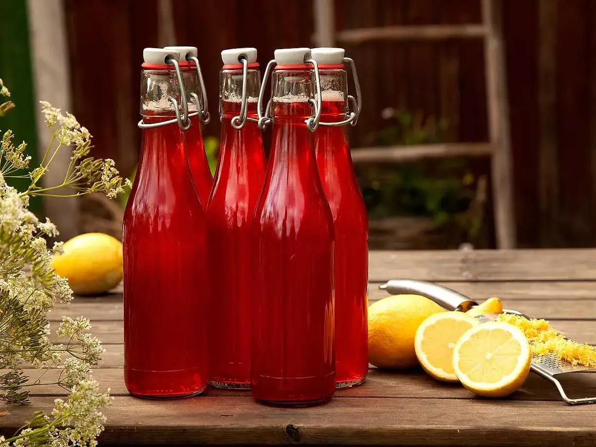 Fyra flaskor med röd rabarbersaft står på ett träbord. Bredvid finns citroner och ett rivjärn. En saftmaja av rabarber är redo att avnjutas.
